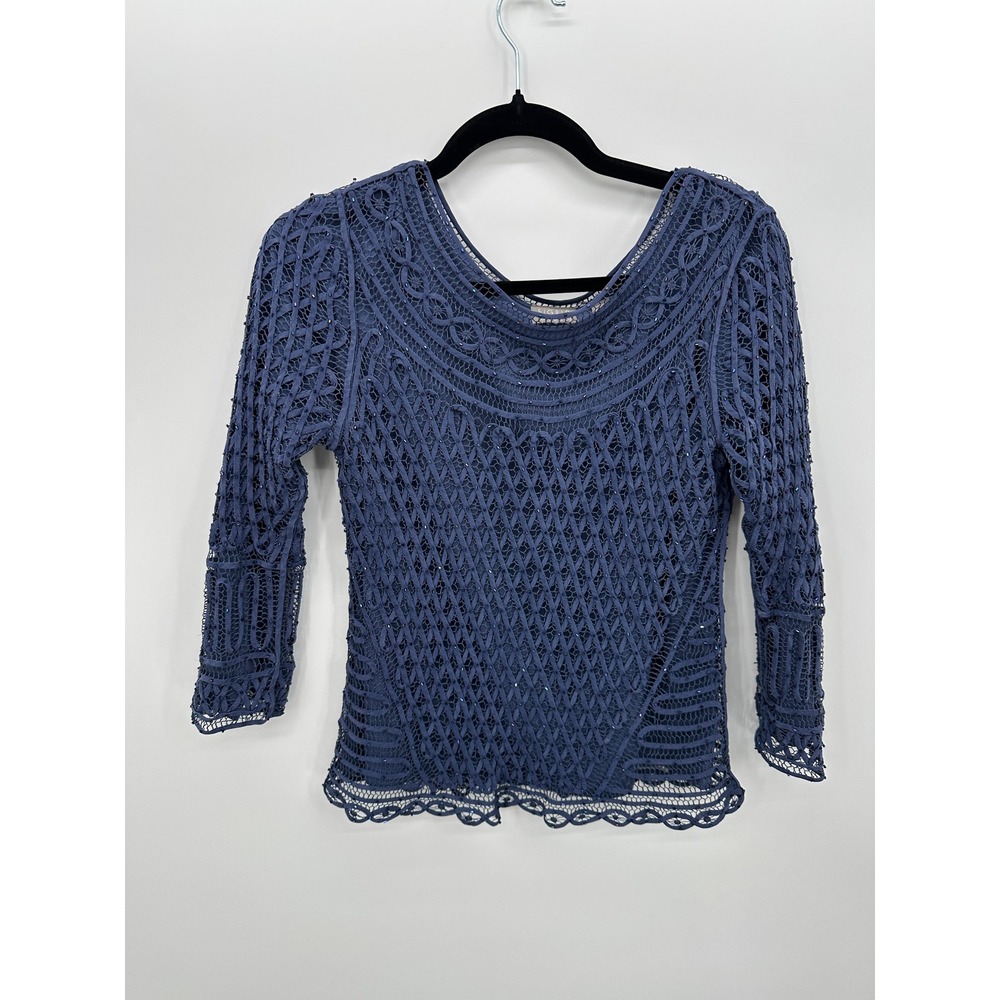 Sigrid Olsen Blue 100% Silk Hand Knitted Beaded Fairy Crochet Top Festival‎ Sz M